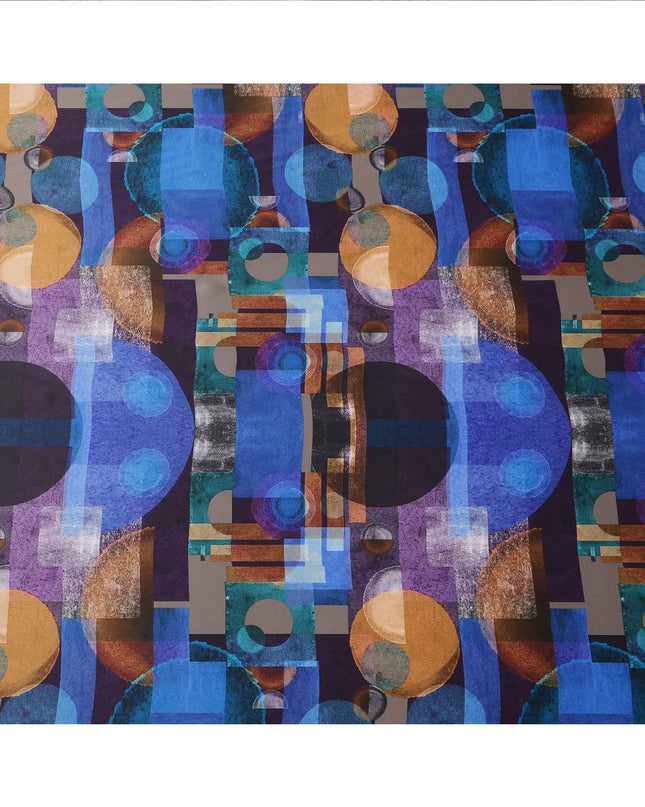 Blue Multicolor Geometric Print Premium Pure Silk Satin Fabric, 110 Cms Width, Made in South Korea-D25947