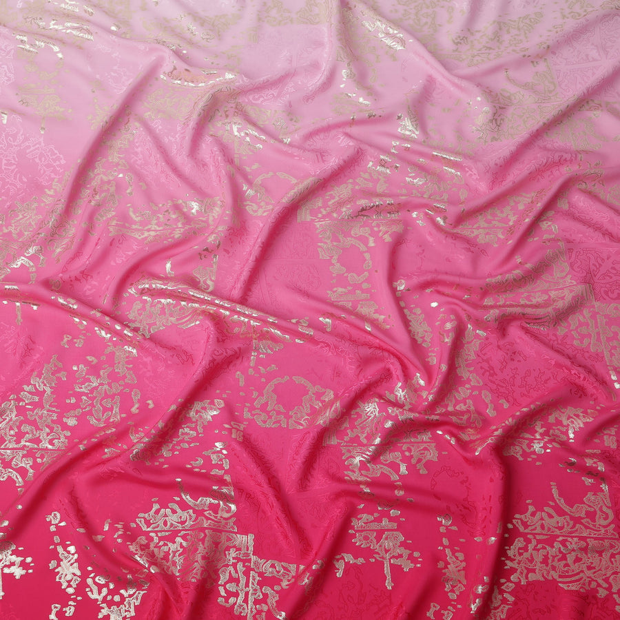 Pink Ombre with Golden Floral Motif Pure Silk Satin Fabric, 140 Cms Width, Made in South Korea-D26002