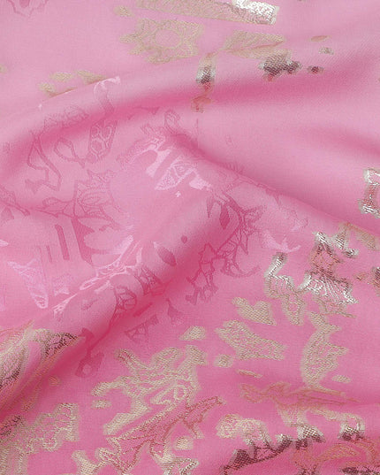 Pink Ombre with Golden Floral Motif Pure Silk Satin Fabric, 140 Cms Width, Made in South Korea-D26002
