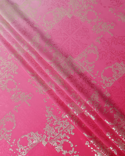 Pink Ombre with Golden Floral Motif Pure Silk Satin Fabric, 140 Cms Width, Made in South Korea-D26002