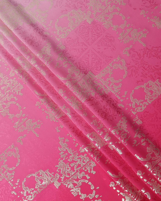 Pink Ombre with Golden Floral Motif Pure Silk Satin Fabric, 140 Cms Width, Made in South Korea-D26002