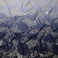 Navy Blue Ombre with Golden Floral Motif Pure Silk Satin Fabric, 140 Cms Width, Made in South Korea-D26003