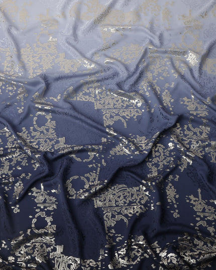 Navy Blue Ombre with Golden Floral Motif Pure Silk Satin Fabric, 140 Cms Width, Made in South Korea-D26003
