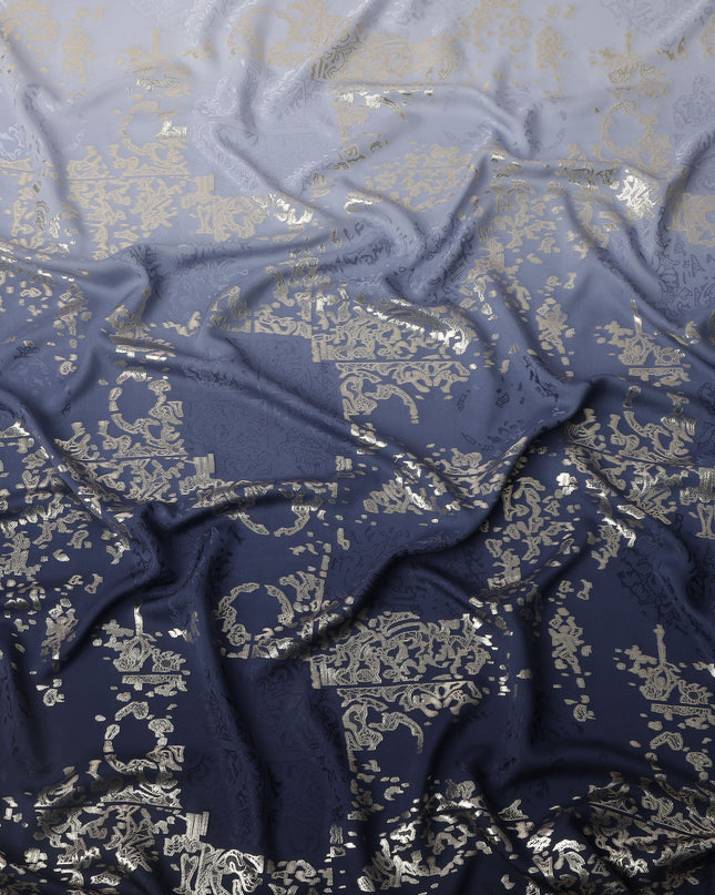 Navy Blue Ombre with Golden Floral Motif Pure Silk Satin Fabric, 140 Cms Width, Made in South Korea-D26003