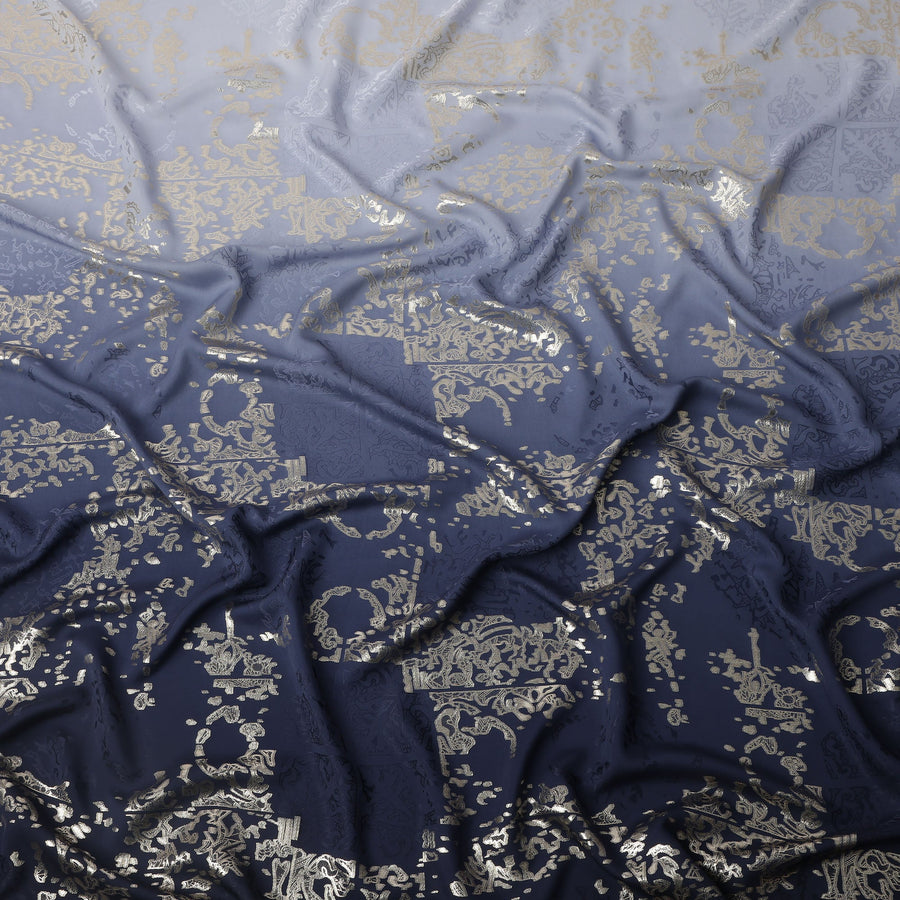 Navy Blue Ombre with Golden Floral Motif Pure Silk Satin Fabric, 140 Cms Width, Made in South Korea-D26003