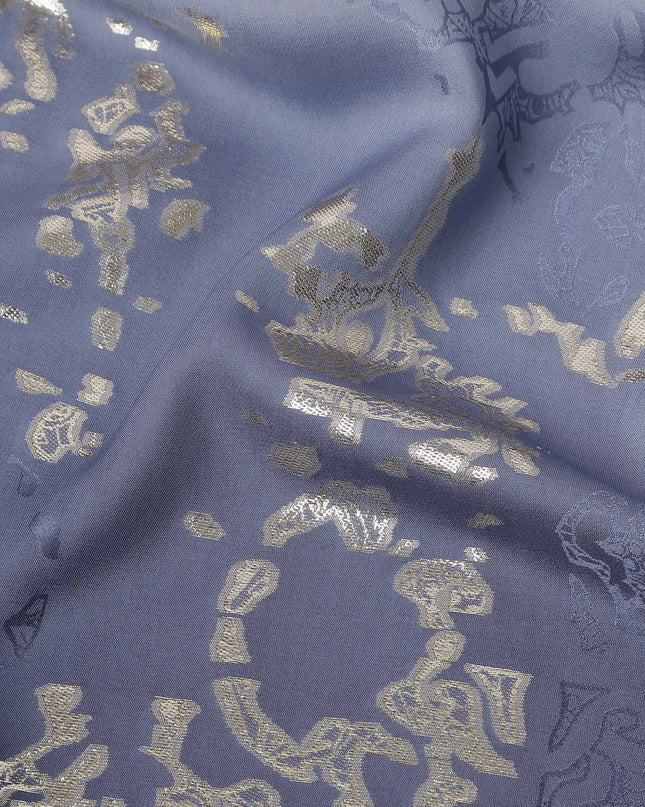 Navy Blue Ombre with Golden Floral Motif Pure Silk Satin Fabric, 140 Cms Width, Made in South Korea-D26003