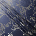 Navy Blue Ombre with Golden Floral Motif Pure Silk Satin Fabric, 140 Cms Width, Made in South Korea-D26003