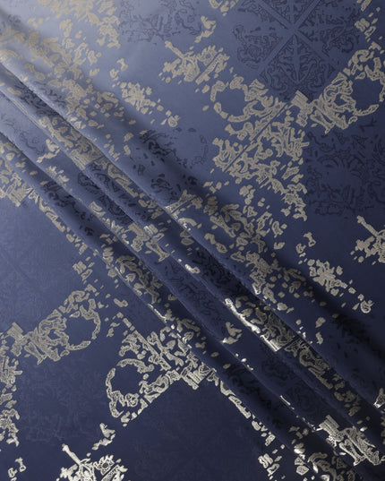 Navy Blue Ombre with Golden Floral Motif Pure Silk Satin Fabric, 140 Cms Width, Made in South Korea-D26003