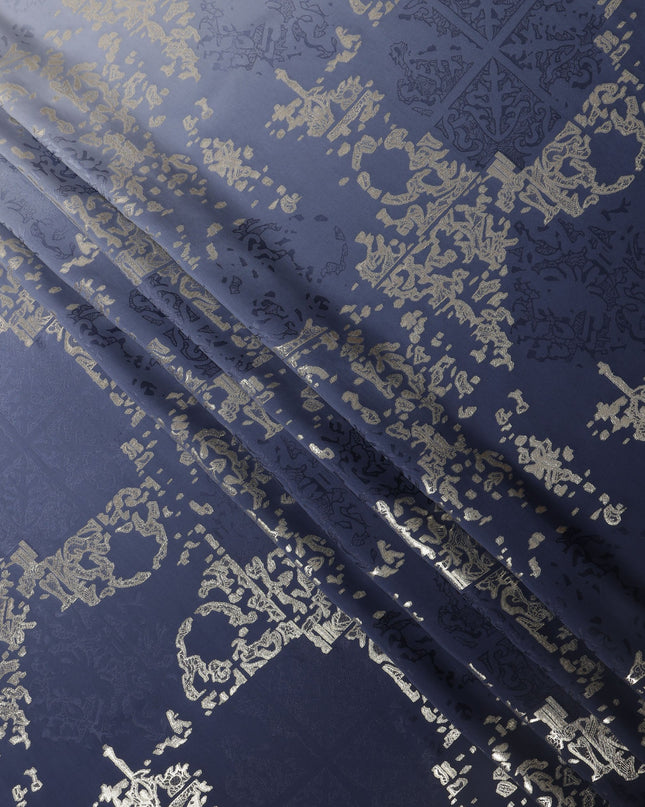 Navy Blue Ombre with Golden Floral Motif Pure Silk Satin Fabric, 140 Cms Width, Made in South Korea-D26003