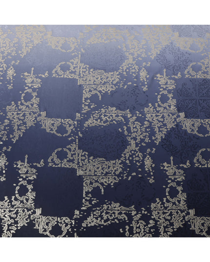 Navy Blue Ombre with Golden Floral Motif Pure Silk Satin Fabric, 140 Cms Width, Made in South Korea-D26003