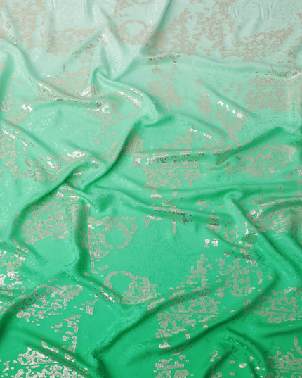 Mint Green with Silver Floral Motif Pure Silk Satin Fabric, 140 Cms Width, Made in South Korea-D26001