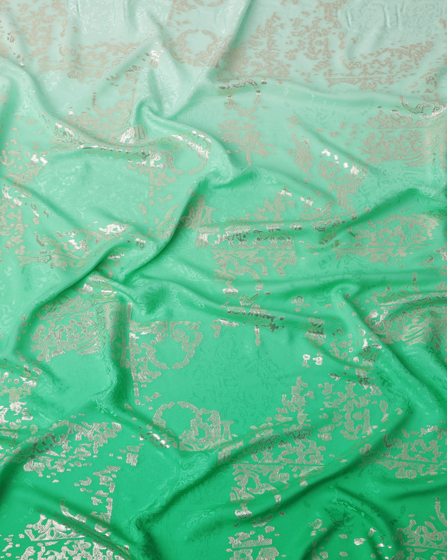 Mint Green with Silver Floral Motif Pure Silk Satin Fabric, 140 Cms Width, Made in South Korea-D26001