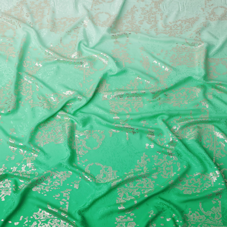 Mint Green with Silver Floral Motif Pure Silk Satin Fabric, 140 Cms Width, Made in South Korea-D26001