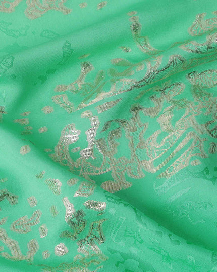 Mint Green with Silver Floral Motif Pure Silk Satin Fabric, 140 Cms Width, Made in South Korea-D26001