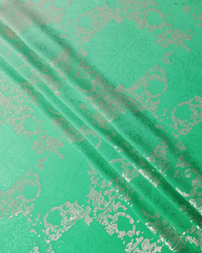 Mint Green with Silver Floral Motif Pure Silk Satin Fabric, 140 Cms Width, Made in South Korea-D26001