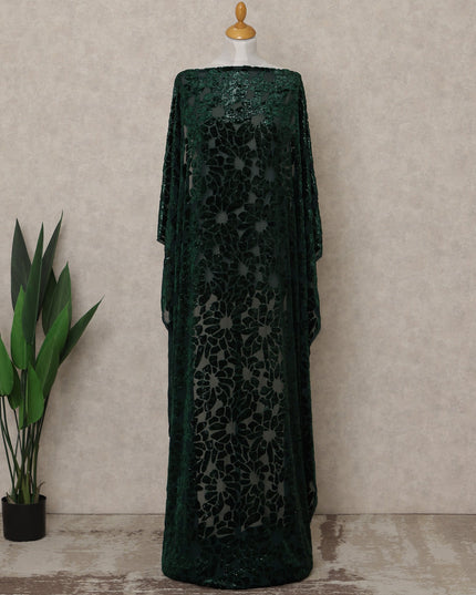 Dark Green Floral Burnout Velvet Makmal Silk Chiffon Somali Dirac Fabric, 3.5 Mtrs Piece, 140 Cms Width, Made in South Korea-D26668