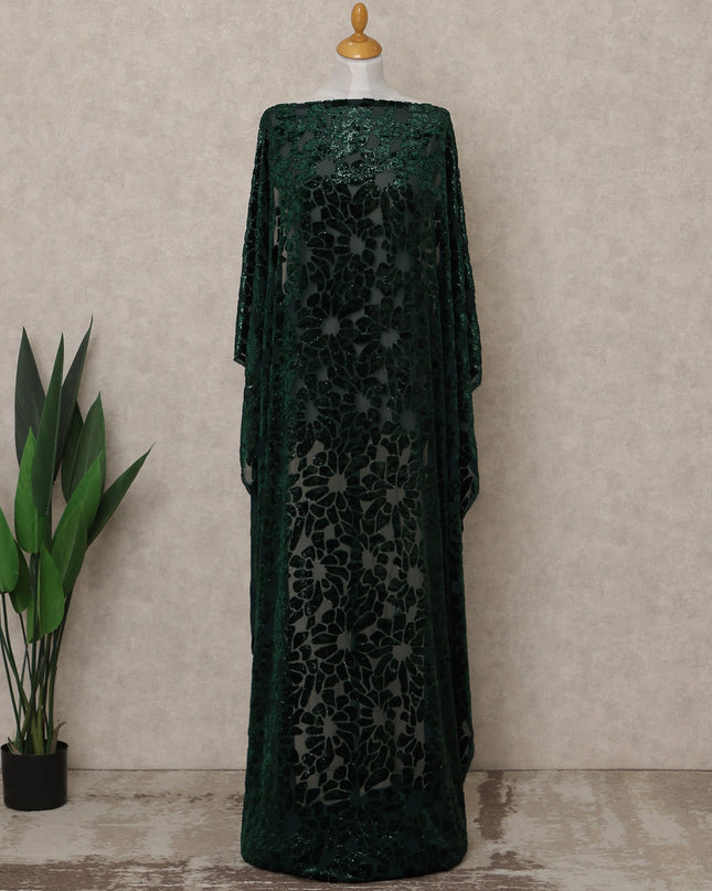Dark Green Floral Burnout Velvet Makmal Silk Chiffon Somali Dirac Fabric, 3.5 Mtrs Piece, 140 Cms Width, Made in South Korea-D26668