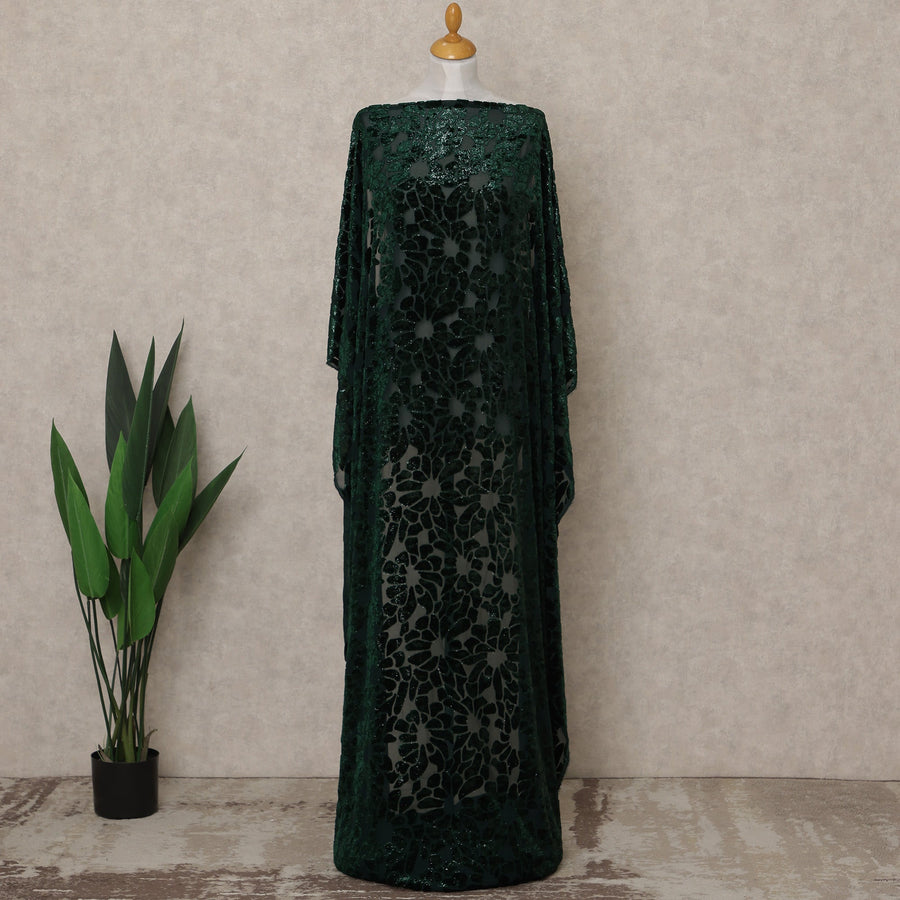 Dark Green Floral Burnout Velvet Makmal Silk Chiffon Somali Dirac Fabric, 3.5 Mtrs Piece, 140 Cms Width, Made in South Korea-D26668