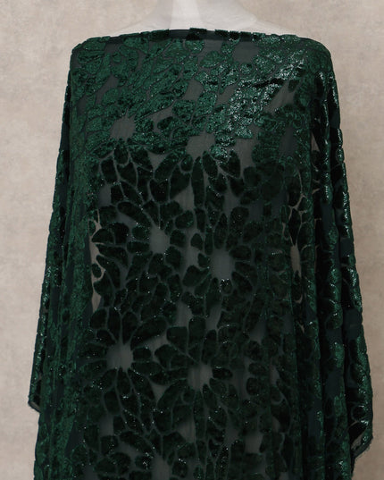 Dark Green Floral Burnout Velvet Makmal Silk Chiffon Somali Dirac Fabric, 3.5 Mtrs Piece, 140 Cms Width, Made in South Korea-D26668