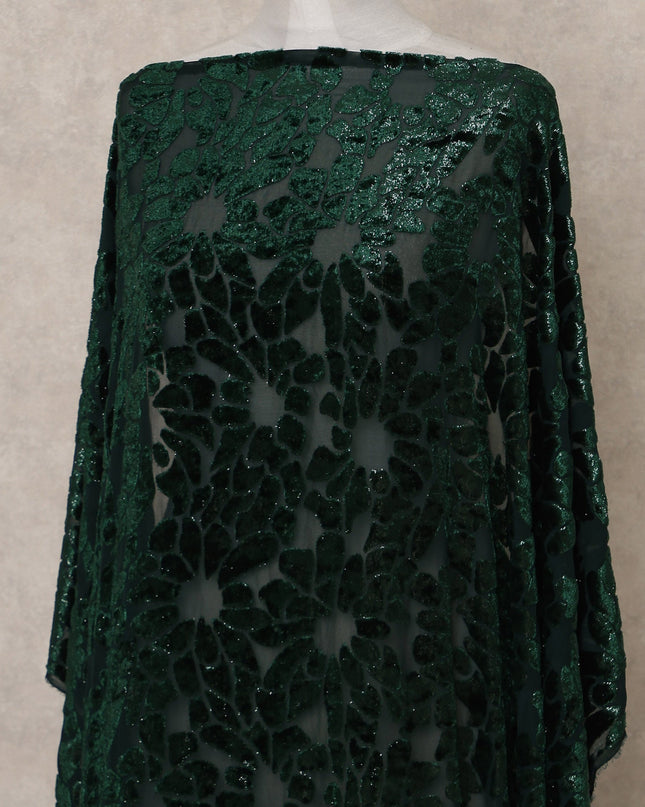 Dark Green Floral Burnout Velvet Makmal Silk Chiffon Somali Dirac Fabric, 3.5 Mtrs Piece, 140 Cms Width, Made in South Korea-D26668