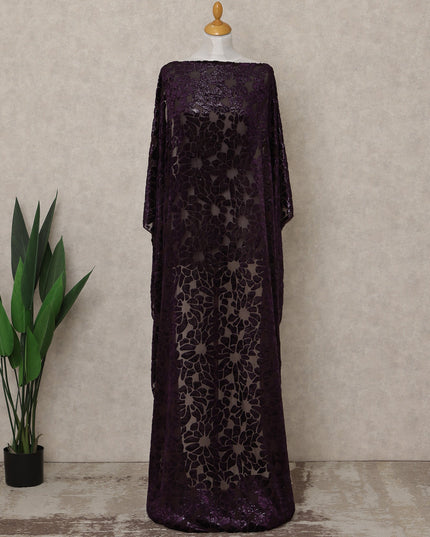 Deep Purple Floral Burnout Velvet Makmal Silk Chiffon Somali Dirac Fabric, 3.5 Mtrs Piece, 140 Cms Width, Made in South Korea-D26671