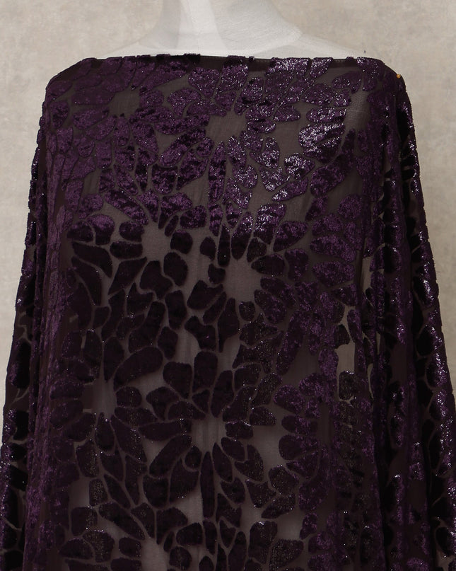 Deep Purple Floral Burnout Velvet Makmal Silk Chiffon Somali Dirac Fabric, 3.5 Mtrs Piece, 140 Cms Width, Made in South Korea-D26671