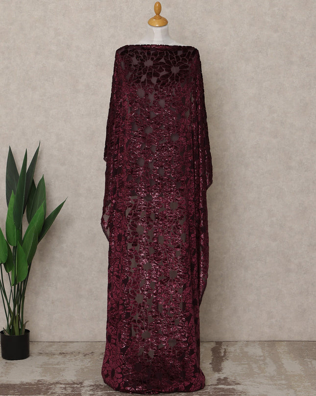 Maroon Floral Burnout Velvet Makmal Silk Chiffon Somali Dirac Fabric, 3.5 Mtrs Piece, 140 Cms Width, Made in South Korea-D26670