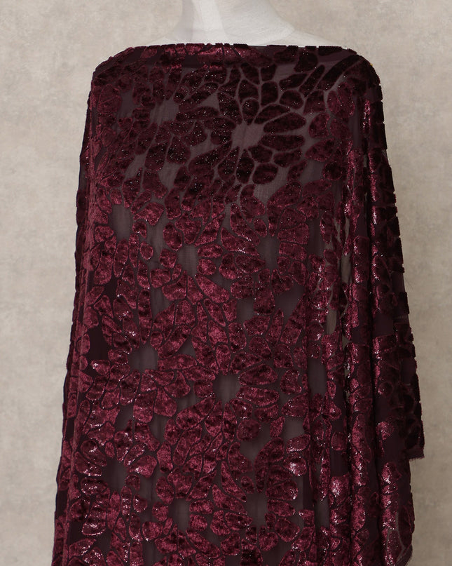 Maroon Floral Burnout Velvet Makmal Silk Chiffon Somali Dirac Fabric, 3.5 Mtrs Piece, 140 Cms Width, Made in South Korea-D26670