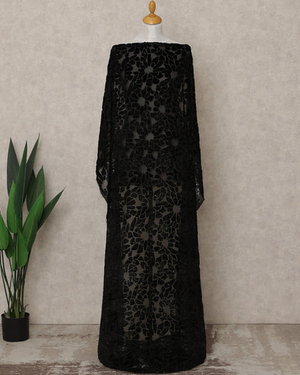 Black Floral Burnout Velvet Makmal Silk Chiffon Somali Dirac Fabric, 3.5 Mtrs Piece, 140 Cms Width, Made in South Korea-D26672
