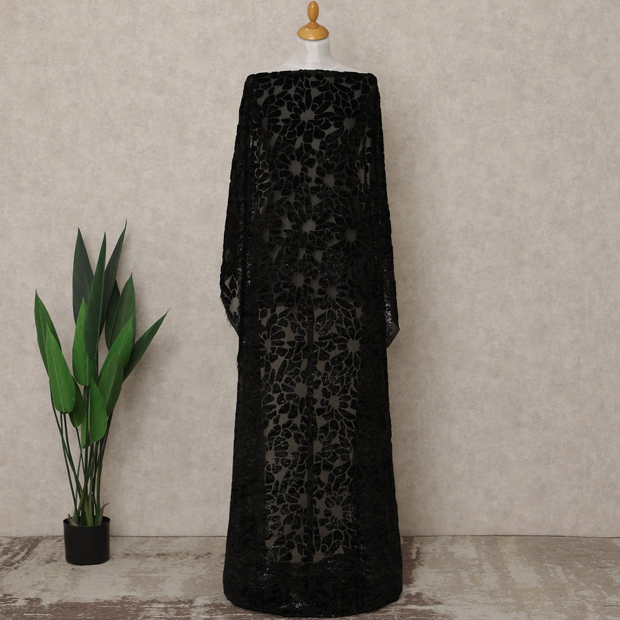 Black Floral Burnout Velvet Makmal Silk Chiffon Somali Dirac Fabric, 3.5 Mtrs Piece, 140 Cms Width, Made in South Korea-D26672