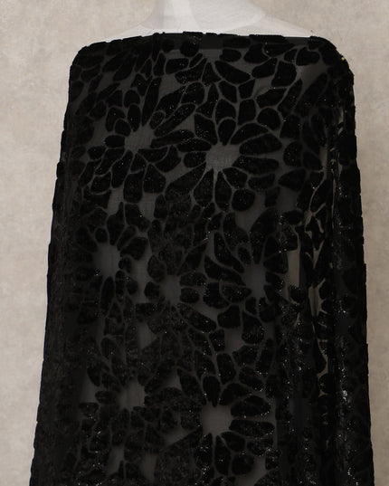 Black Floral Burnout Velvet Makmal Silk Chiffon Somali Dirac Fabric, 3.5 Mtrs Piece, 140 Cms Width, Made in South Korea-D26672