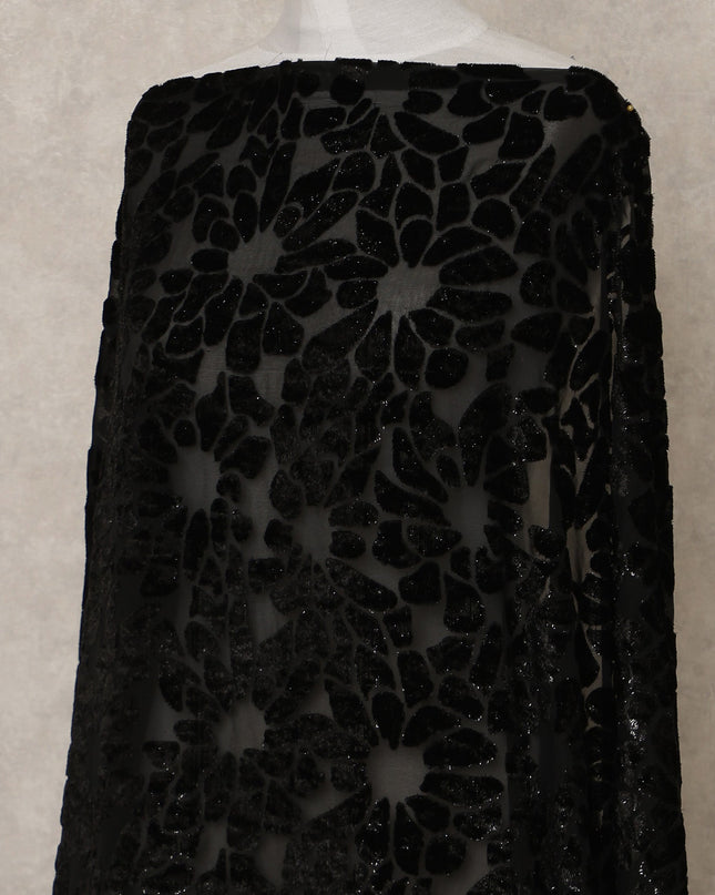 Black Floral Burnout Velvet Makmal Silk Chiffon Somali Dirac Fabric, 3.5 Mtrs Piece, 140 Cms Width, Made in South Korea-D26672