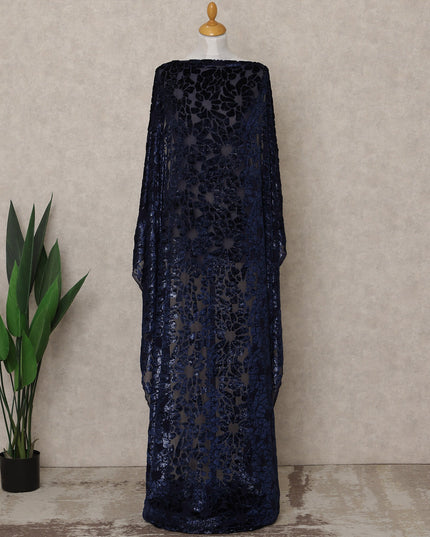 Navy Blue Floral Burnout Velvet Makmal Silk Chiffon Somali Dirac Fabric, 3.5 Mtrs Piece, 140 Cms Width, Made in South Korea-D26669