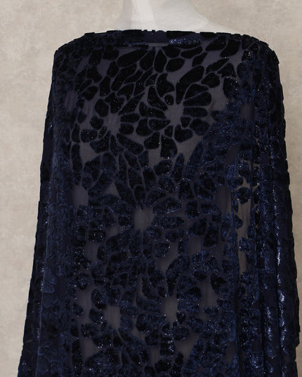 Navy Blue Floral Burnout Velvet Makmal Silk Chiffon Somali Dirac Fabric, 3.5 Mtrs Piece, 140 Cms Width, Made in South Korea-D26669