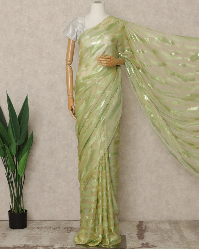 Pistachio Green Premium French Silk Chiffon Saree With Metallic Woven Pattern 5.5 Mtrs Length 110 Cms Width, Made in France and  Blouse Not Included-D27226