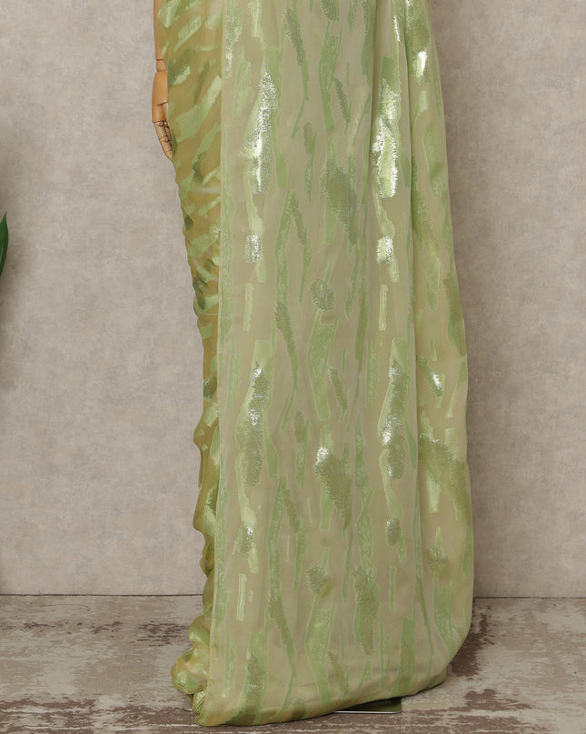 Pistachio Green Premium French Silk Chiffon Saree With Metallic Woven Pattern 5.5 Mtrs Length 110 Cms Width, Made in France and  Blouse Not Included-D27226