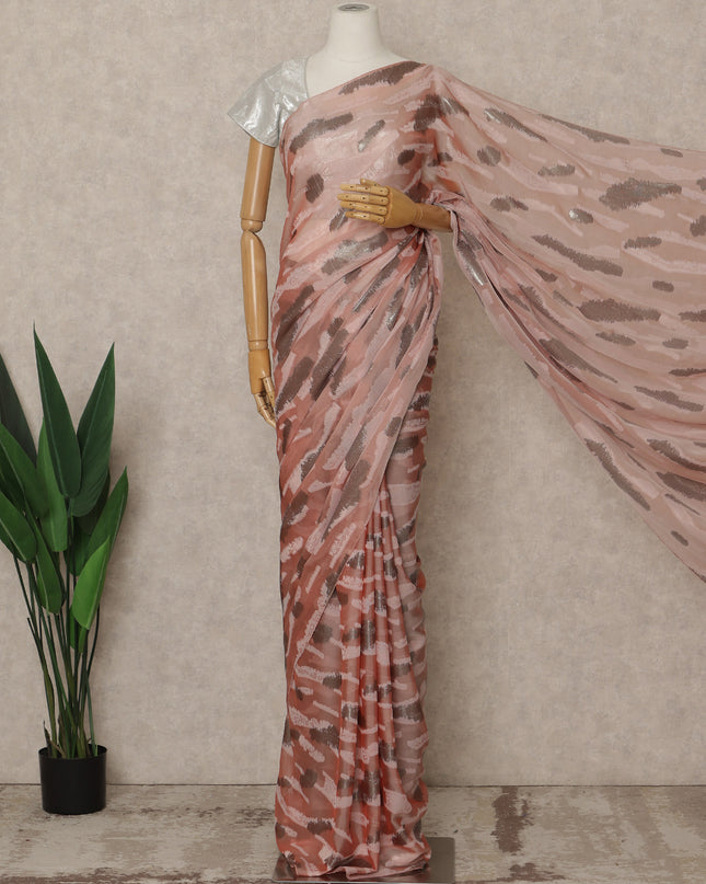 Blush Pink Premium French Silk Chiffon Saree With Brown Metallic Abstract Woven Design 5.5 Mtrs Length 110 Cms Width, Made in France and  Blouse Not Included-D27229