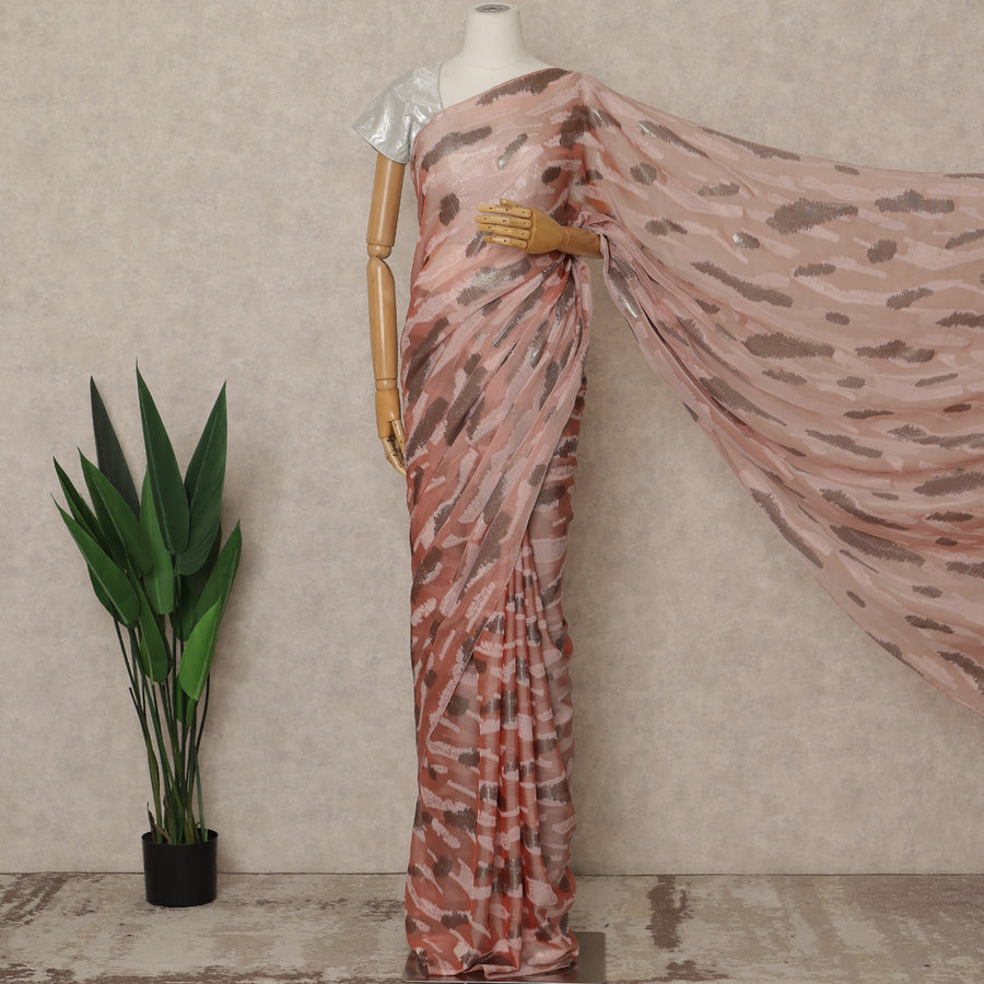 Blush Pink Premium French Silk Chiffon Saree With Brown Metallic Abstract Woven Design 5.5 Mtrs Length 110 Cms Width, Made in France and  Blouse Not Included-D27229
