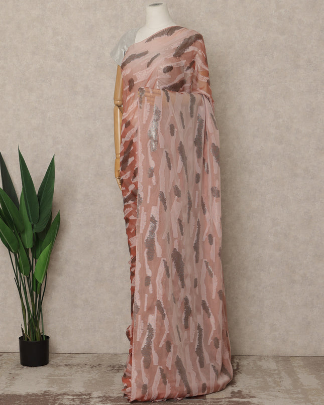 Blush Pink Premium French Silk Chiffon Saree With Brown Metallic Abstract Woven Design 5.5 Mtrs Length 110 Cms Width, Made in France and  Blouse Not Included-D27229