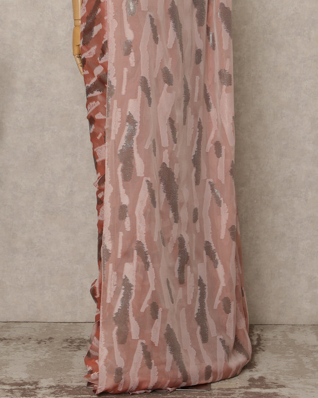 Blush Pink Premium French Silk Chiffon Saree With Brown Metallic Abstract Woven Design 5.5 Mtrs Length 110 Cms Width, Made in France and  Blouse Not Included-D27229