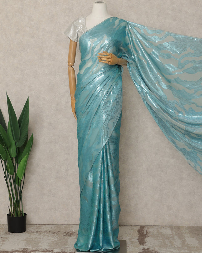 Aqua Blue Premium French Silk Chiffon Saree With Metallic Abstract Woven Design 5.5 Mtrs Length 110 Cms Width, Made in France and  Blouse Not Included-D27227