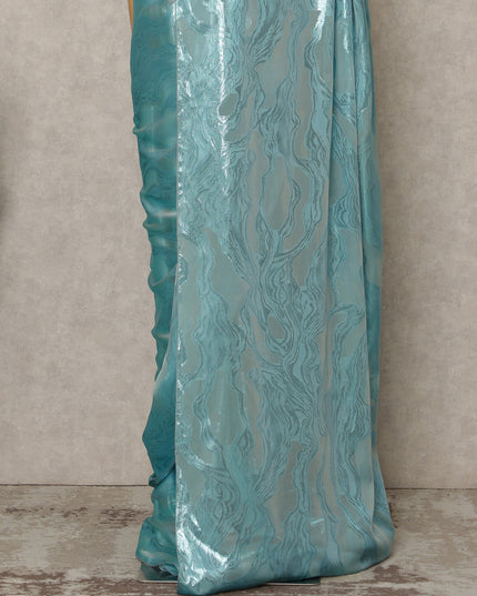 Aqua Blue Premium French Silk Chiffon Saree With Metallic Abstract Woven Design 5.5 Mtrs Length 110 Cms Width, Made in France and  Blouse Not Included-D27227