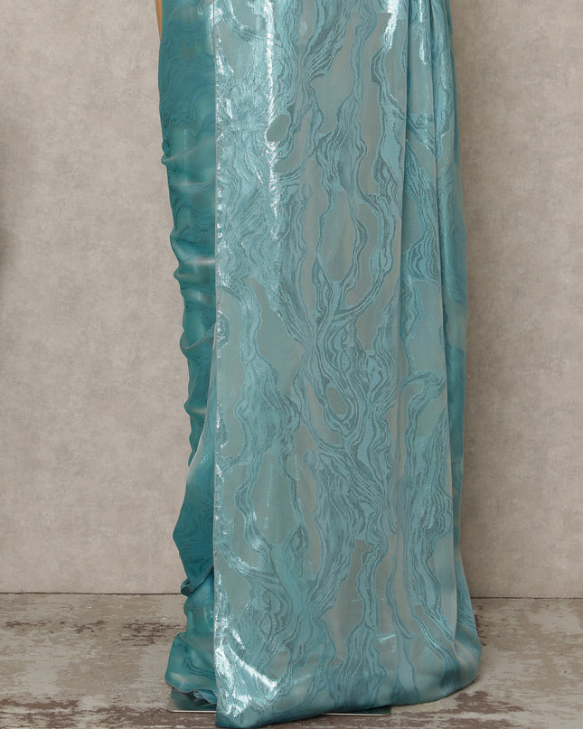 Aqua Blue Premium French Silk Chiffon Saree With Metallic Abstract Woven Design 5.5 Mtrs Length 110 Cms Width, Made in France and  Blouse Not Included-D27227