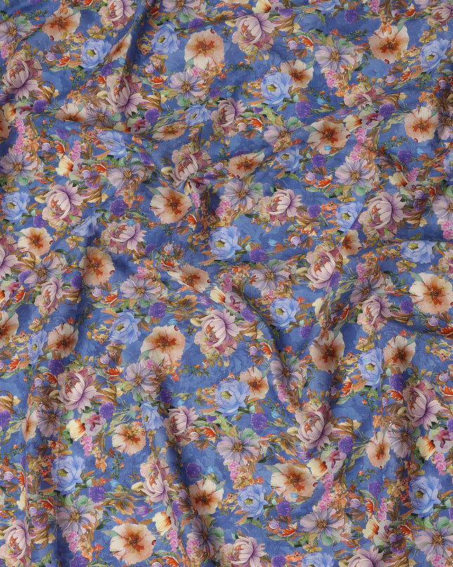 Blue Floral Printed Cotton Lawn Fabric Soft Lightweight Dressmaking Sewing Material 4.0 Meters Length 110 Cms Width India-D27642
