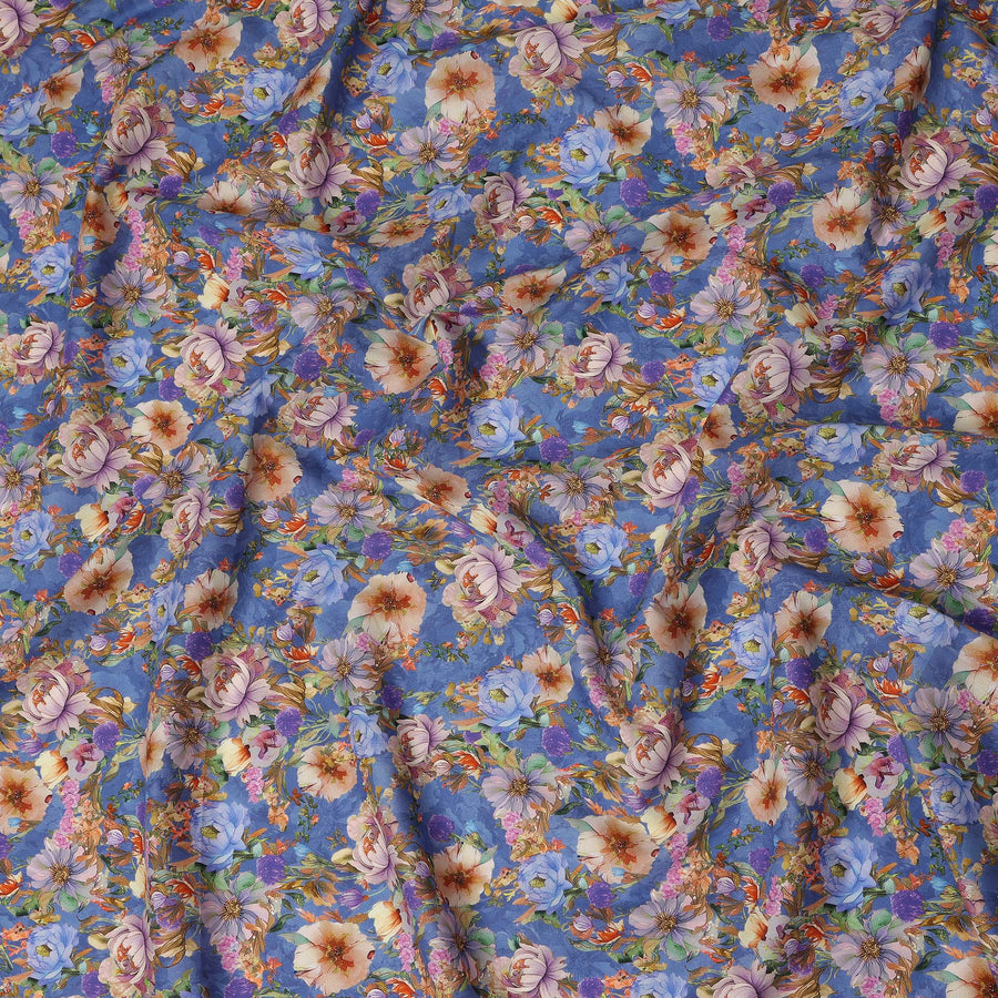Blue Floral Printed Cotton Lawn Fabric Soft Lightweight Dressmaking Sewing Material 4.0 Meters Length 110 Cms Width India-D27642