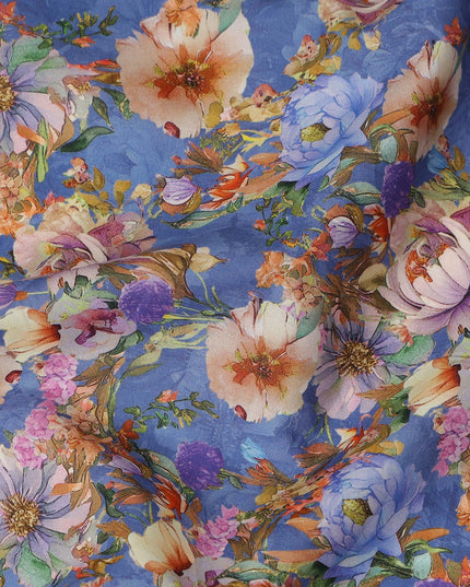 Blue Floral Printed Cotton Lawn Fabric Soft Lightweight Dressmaking Sewing Material 4.0 Meters Length 110 Cms Width India-D27642