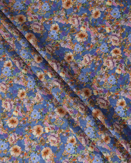 Blue Floral Printed Cotton Lawn Fabric Soft Lightweight Dressmaking Sewing Material 4.0 Meters Length 110 Cms Width India-D27642