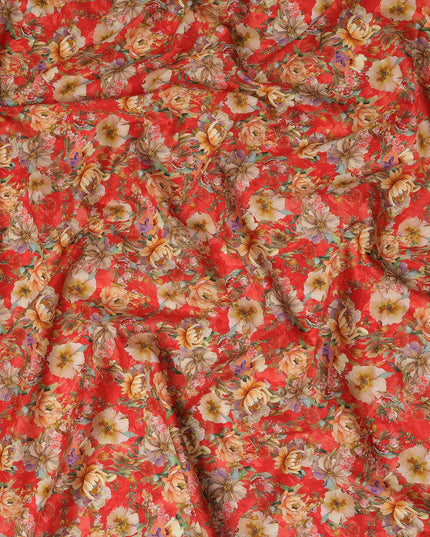 Red Floral Printed Cotton Lawn Fabric All Over Blooming Flower Design Soft Sewing Material 4.0 Meters Length 110 Cms Width India-D27648
