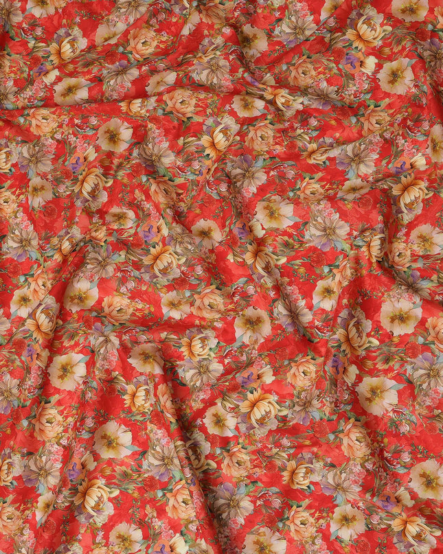 Red Floral Printed Cotton Lawn Fabric All Over Blooming Flower Design Soft Sewing Material 4.0 Meters Length 110 Cms Width India-D27648