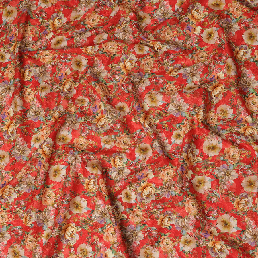 Red Floral Printed Cotton Lawn Fabric All Over Blooming Flower Design Soft Sewing Material 4.0 Meters Length 110 Cms Width India-D27648
